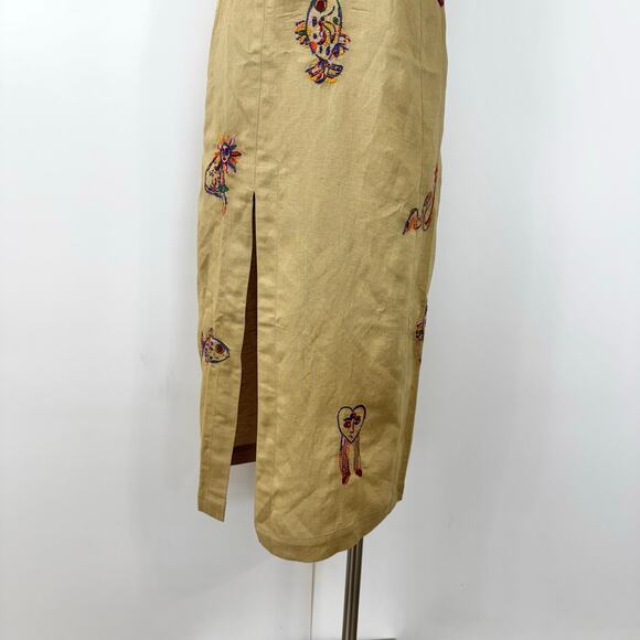 FARM Rio Embroidered Linen Blend Side Slit Midi Dress Ivory Beige M NWT - Picture 5 of 10